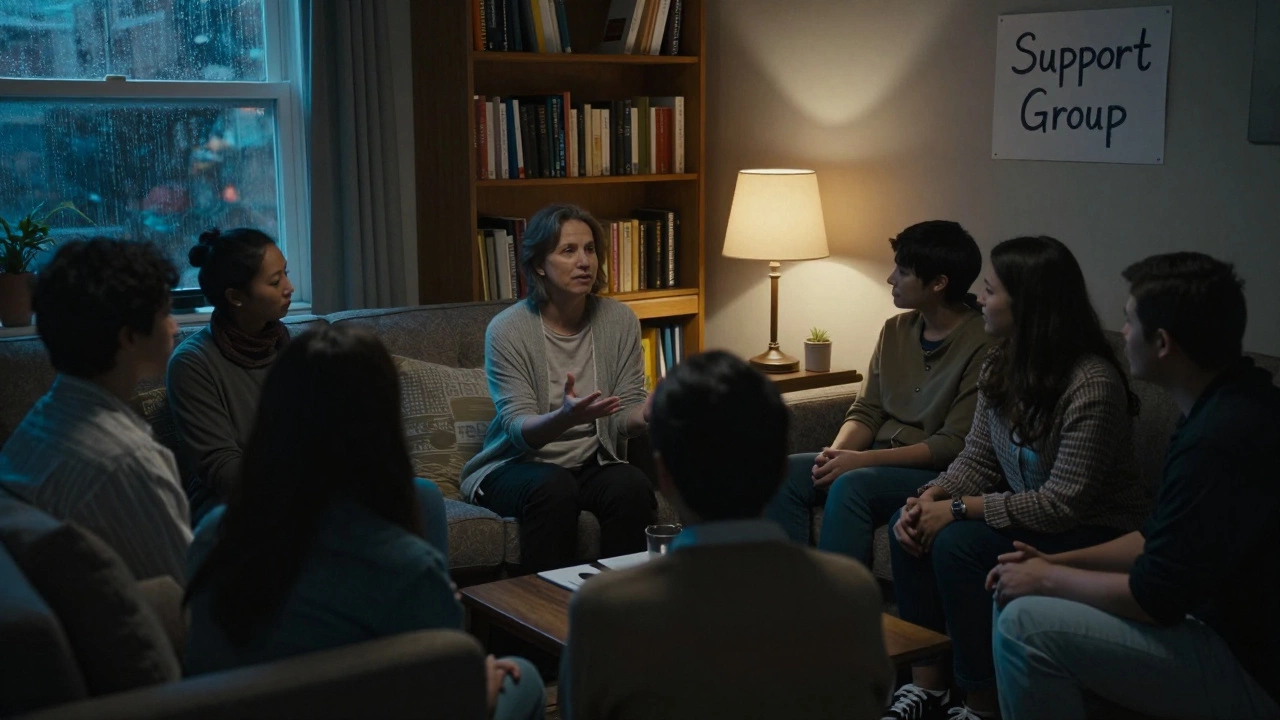 Middle-aged woman speaking to a small group in a cozy living room, support group sign on the wall.