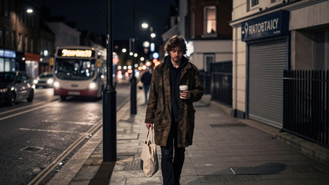 Person walking home at night under a streetlamp, carrying a tote bag, tired but composed.
